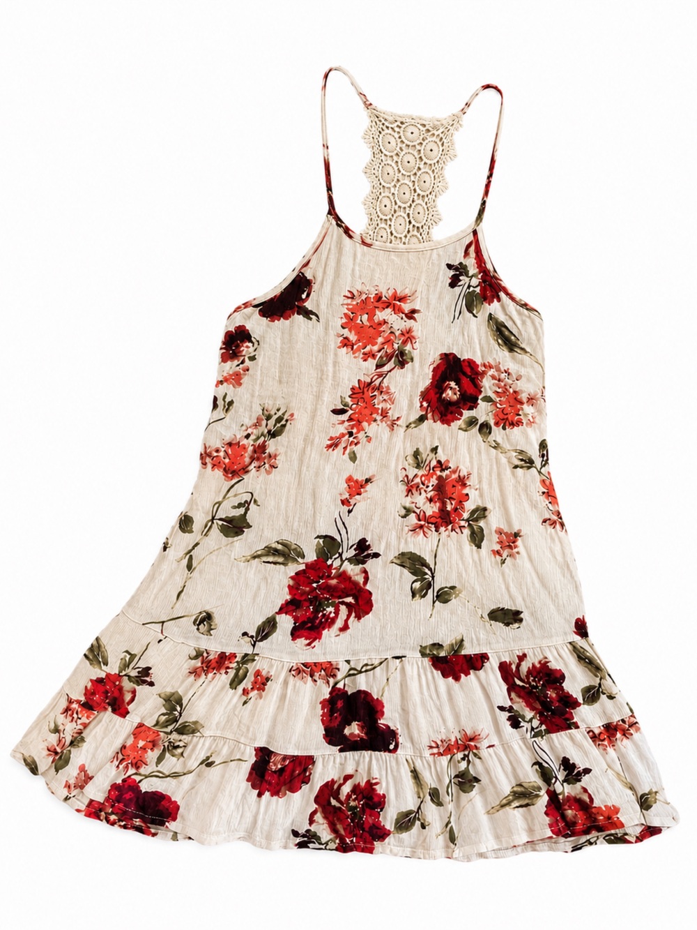 Alter’d State Floral Crochet Racerback Boho Ruffle Tunic Top M